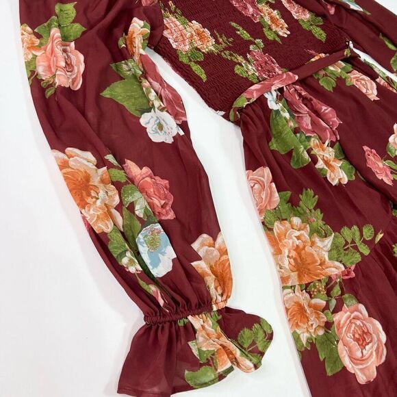 Vici Midi Dress Women XL Burgundy Floral Smocked Square Neck Belted Waist Tiered - Picture 4 of 12